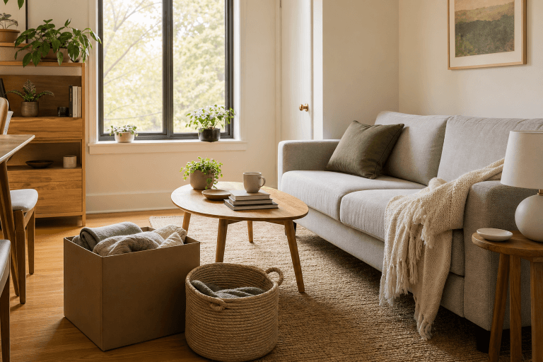 A calm apartment living room with simple storage and clear surfaces