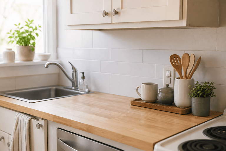A small kitchen counter cleared for food prep