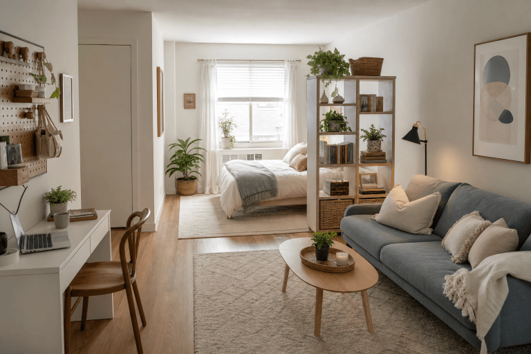 A bright studio apartment arranged with separate living and sleeping areas