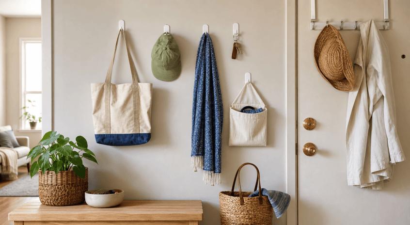 A rental entry wall with simple hooks for keys and a light bag