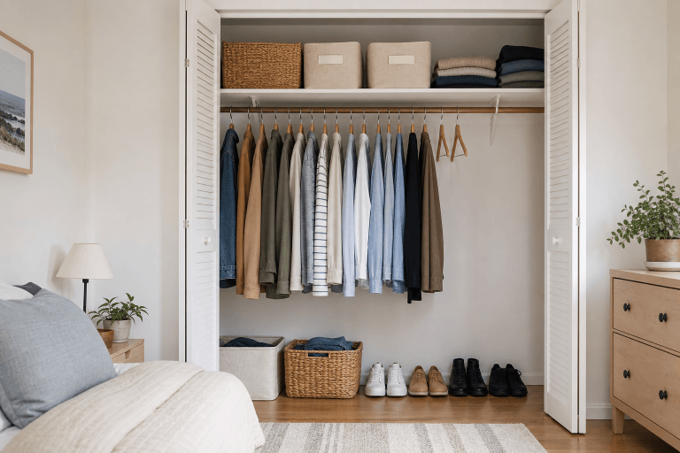 A small closet with clothing arranged neatly and open shelf space