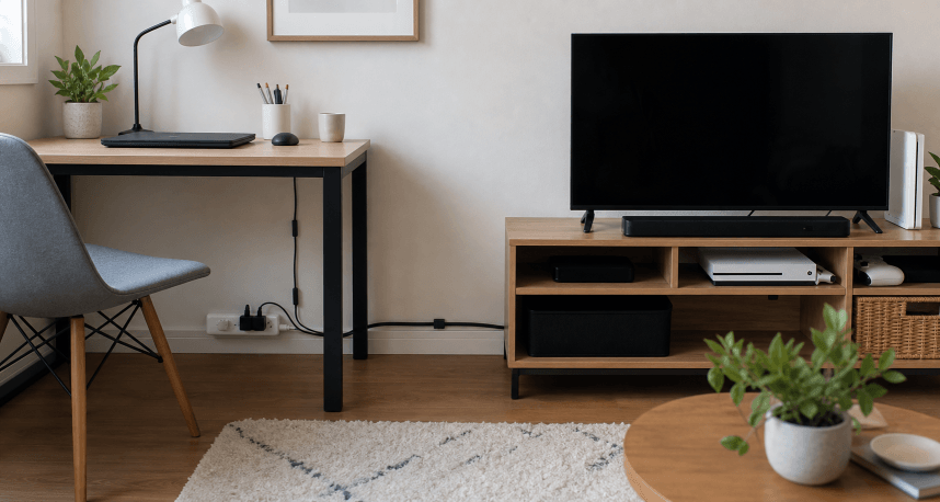 A compact desk area with cords gathered neatly behind the surface