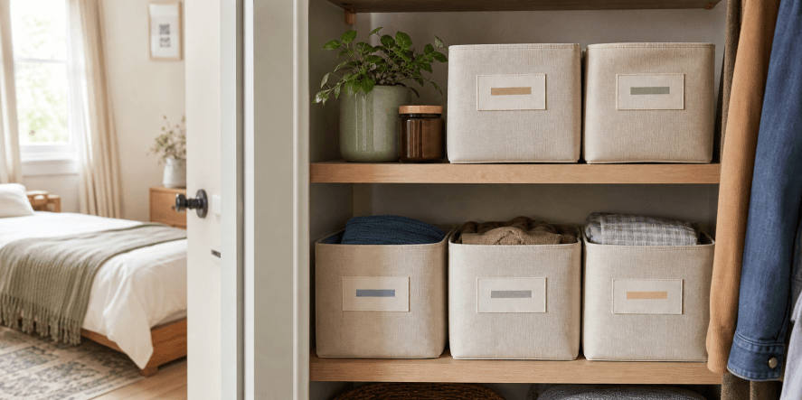 Storage bins on a shelf with simple handwritten labels