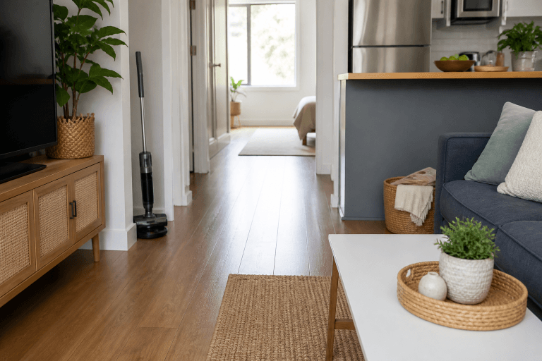 A clean small apartment living area with open floor space