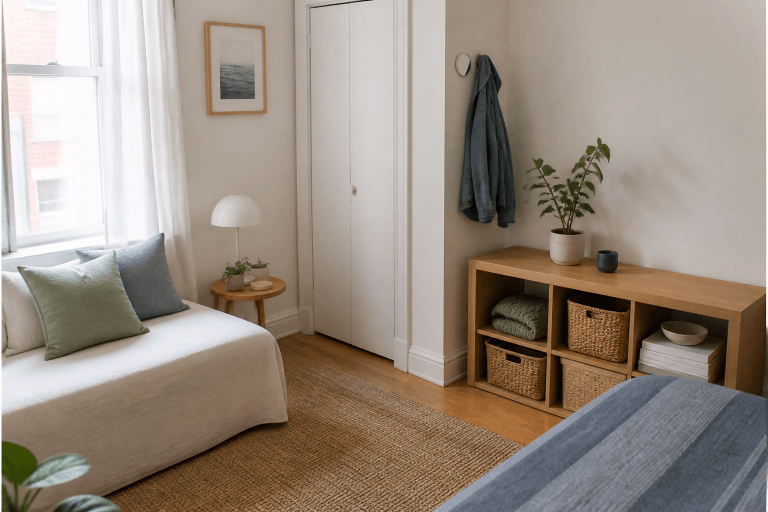 A calm small living room with simple surfaces and light storage