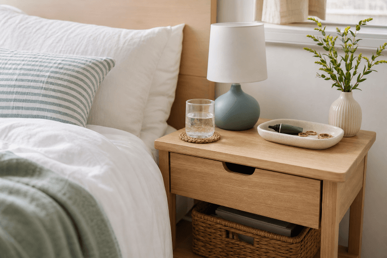 A small nightstand with a lamp, book, water glass, and small dish