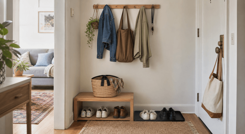A small apartment doorway with shoes, bags, and keys stored neatly