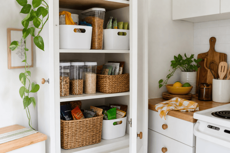 A small apartment kitchen with pantry food organized in cabinets