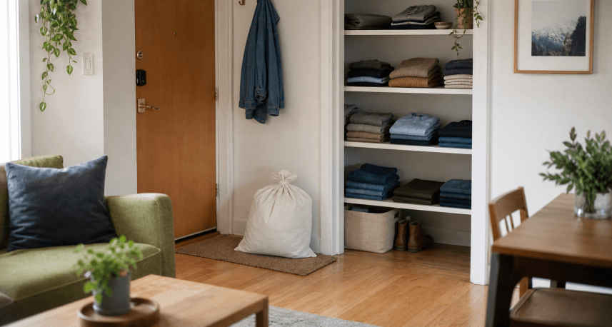 A tidy small apartment shelf with a few everyday items and open space