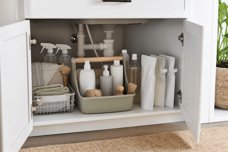 Cleaning supplies organized in a small cabinet with cloths and bottles
