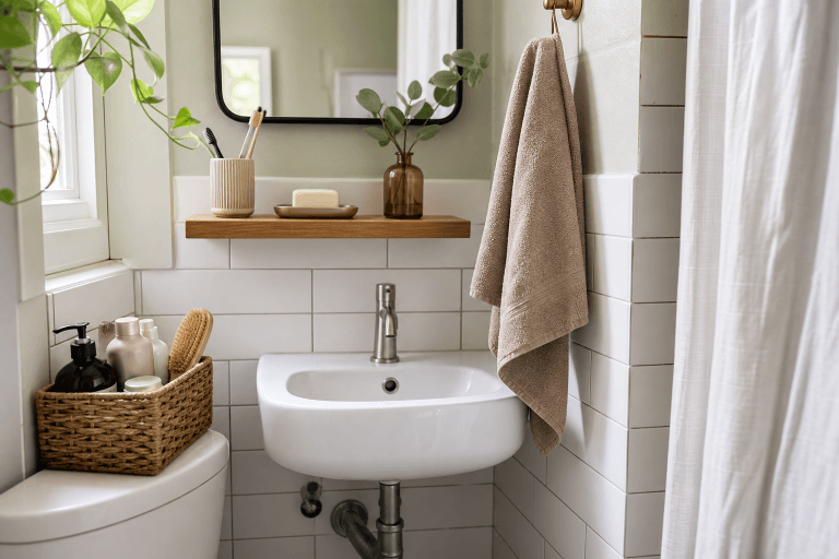 A small bathroom sink area with neatly contained daily items