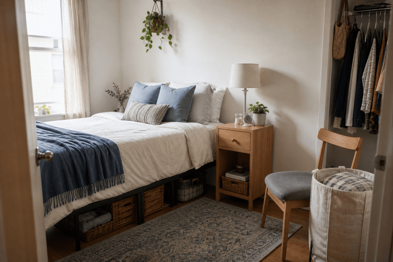 A small bedroom with a neatly made bed and simple bedside storage