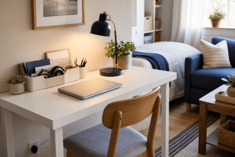 A compact home office corner with a small desk and organized supplies