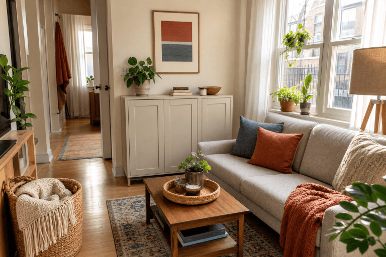 A small living room with a sofa, coffee table, and organized shelves