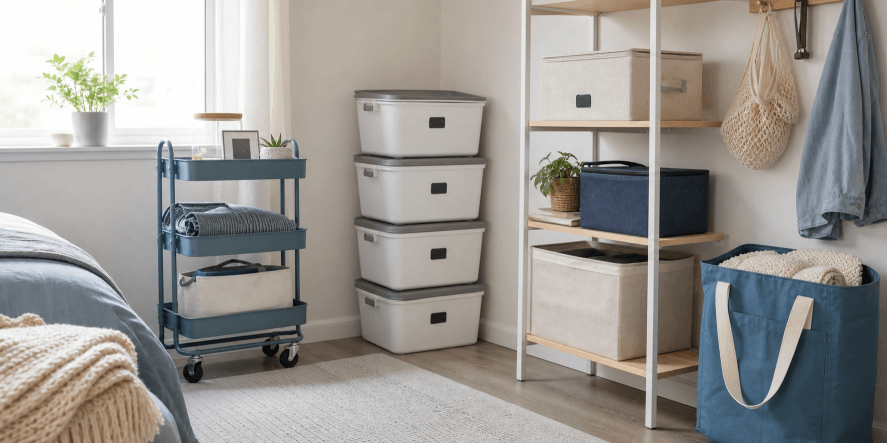 A rental apartment with portable shelves and flexible storage