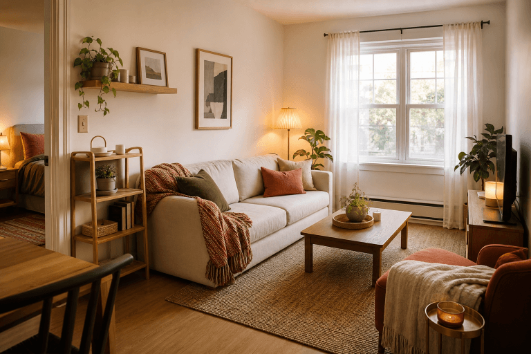 A small rental apartment living area with simple finished details