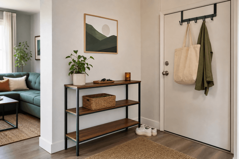 A compact rental apartment corner with wall shelves and calm storage