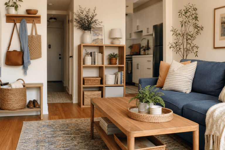 A tidy living room with a sofa, shelves, and a calm home organization style