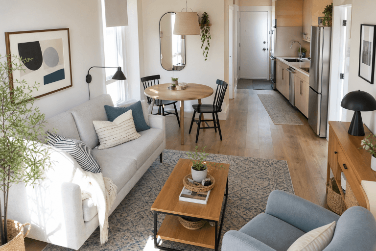 A small apartment living area with open walking space around furniture