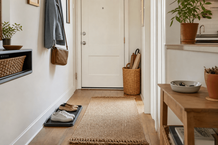 A small apartment entryway with shoes and bags neatly stored
