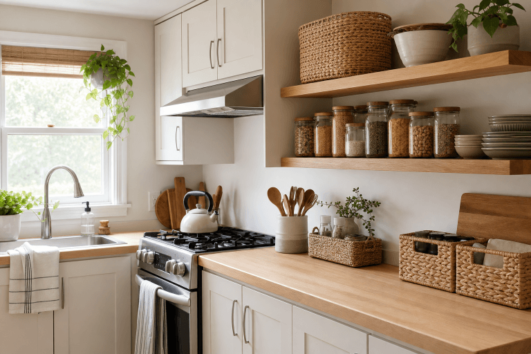 A compact kitchen with open shelves, cabinets, and clear counter space