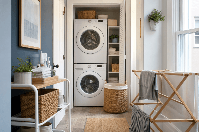 A compact laundry area with detergent, baskets, and simple shelving