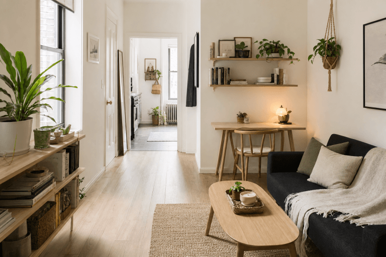 A bright compact apartment living area with simple furniture and natural light
