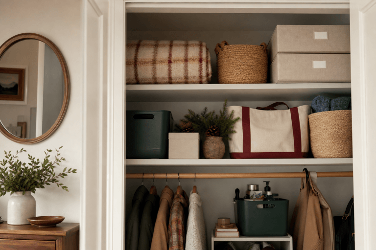 Seasonal home items stored in labeled boxes on a closet shelf