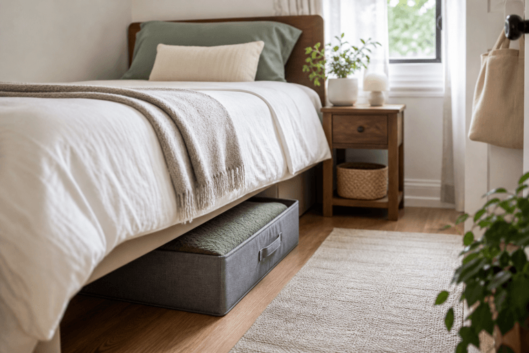 A small bedroom with a clear floor and simple under-bed storage