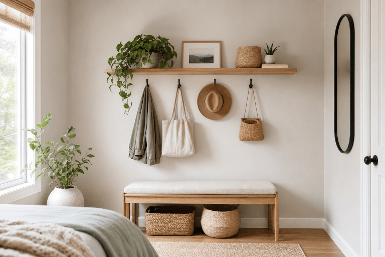 A small room with calm vertical storage and open wall space