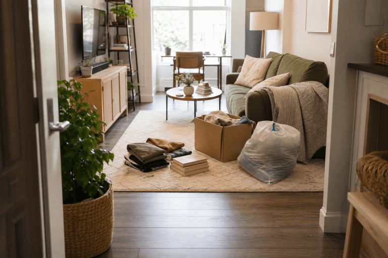 A small apartment entry area being reset with simple baskets